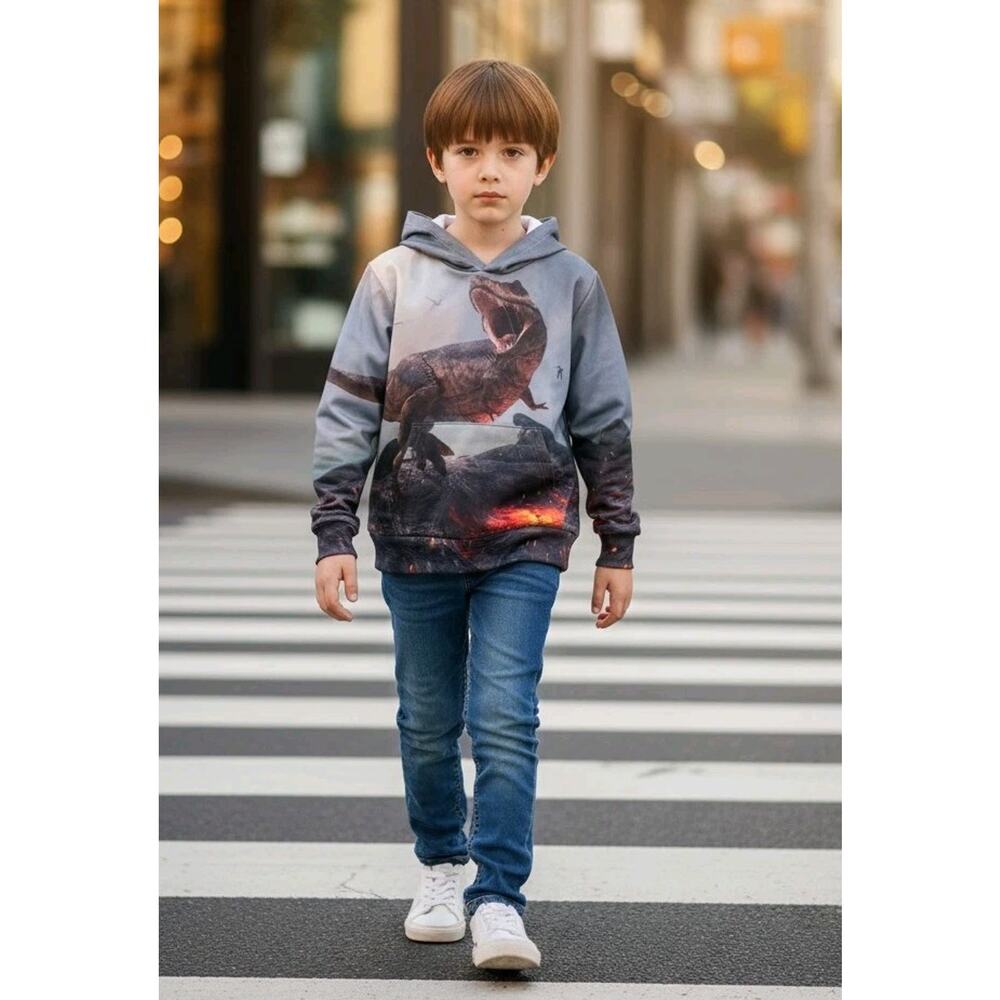 Boy's T REX Dinosaur Hoodie With Pockets Sweatshirt Back Front Print Size 8-10